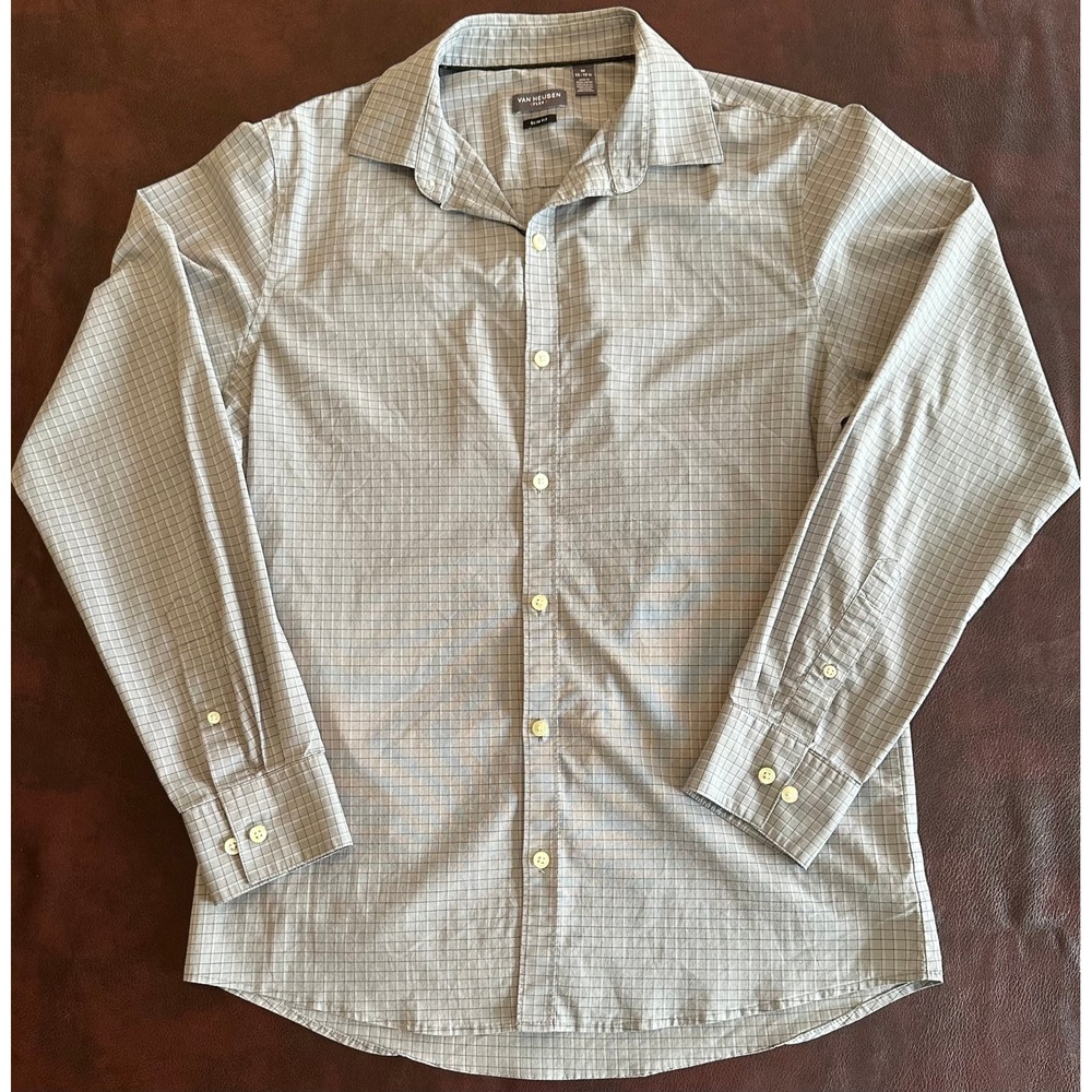 Van Heusen Flex Slim Fit Grey Grid Long Sleeve Button Down Shirt Mens M 15-15.5